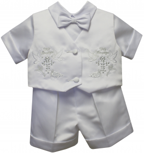 BOYS CHRISTENING SHORT PANTS SUIT W/ BIRDS & CROSSES ON VEST